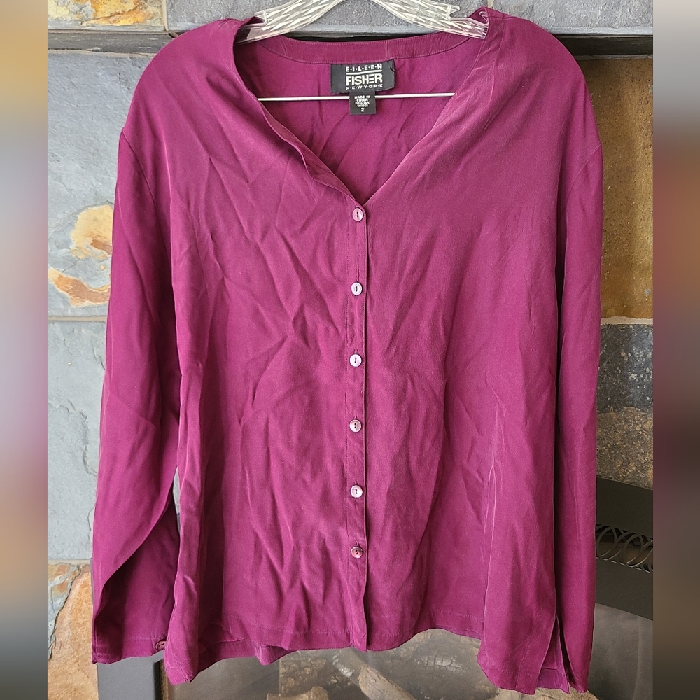 Eileen Fisher Plum Colored 100% Silk Button Down Shirt Size 2